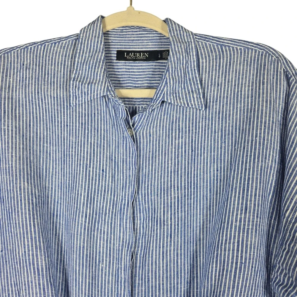 Lauren Ralph Lauren Shirt L Blue White Striped 100% Linen Tie Front Short Sleeve - Picture 5 of 11